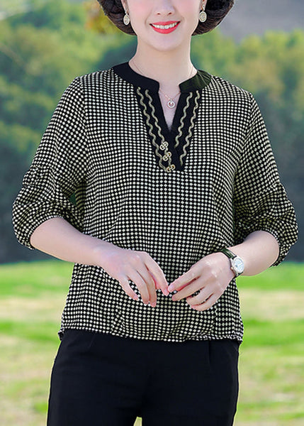 Coffee Plaid Patchwork Cotton T Shirt V Neck Summer RE029 MZF-HTP240807