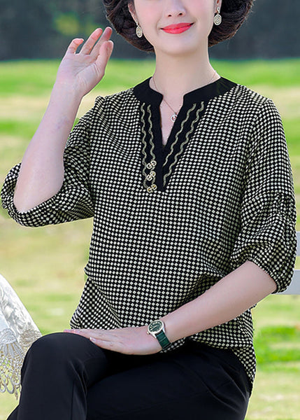 Coffee Plaid Patchwork Cotton T Shirt V Neck Summer RE029 MZF-HTP240807