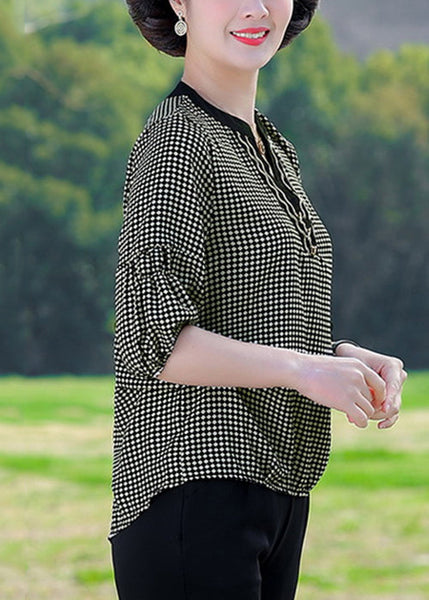 Coffee Plaid Patchwork Cotton T Shirt V Neck Summer RE029 MZF-HTP240807