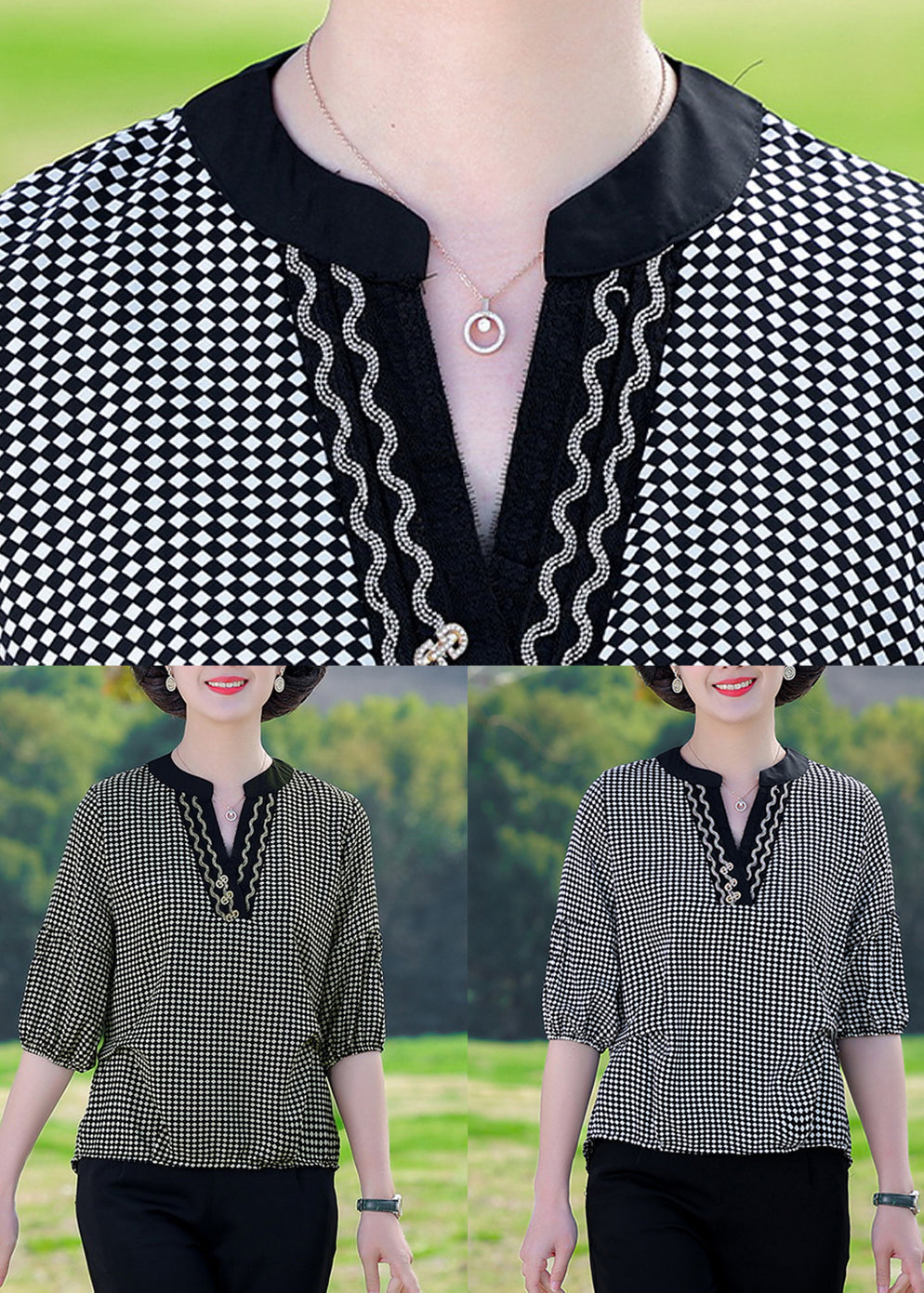Coffee Plaid Patchwork Cotton T Shirt V Neck Summer RE029 MZF-HTP240807