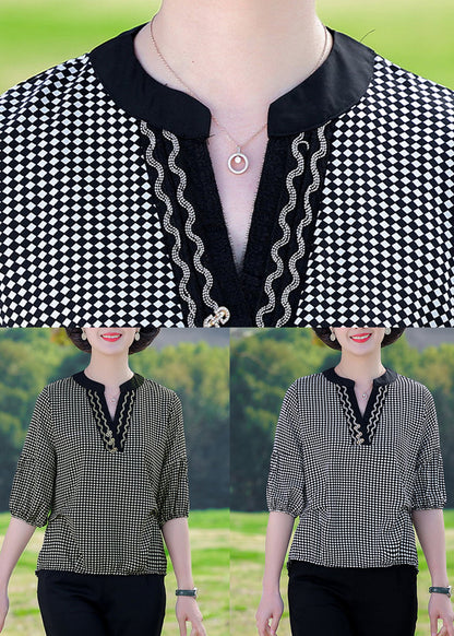 Coffee Plaid Patchwork Cotton T Shirt V Neck Summer RE029 MZF-HTP240807