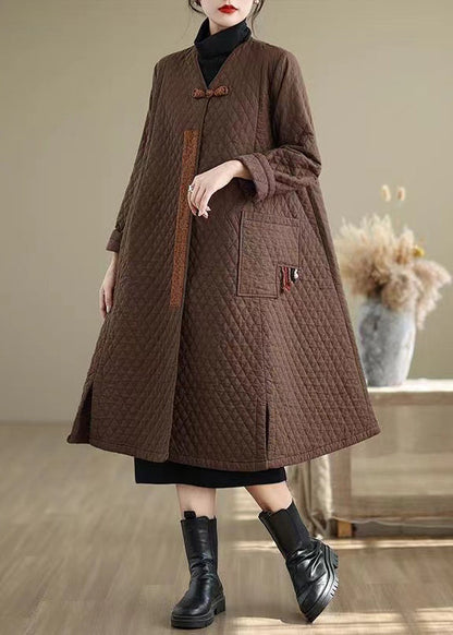 Coffee Pockets Fine Cotton Filled Women Retro Coats V Neck Winter RU019 ABC