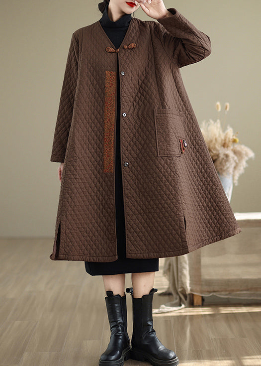 Coffee Pockets Fine Cotton Filled Women Retro Coats V Neck Winter RU019 ABC