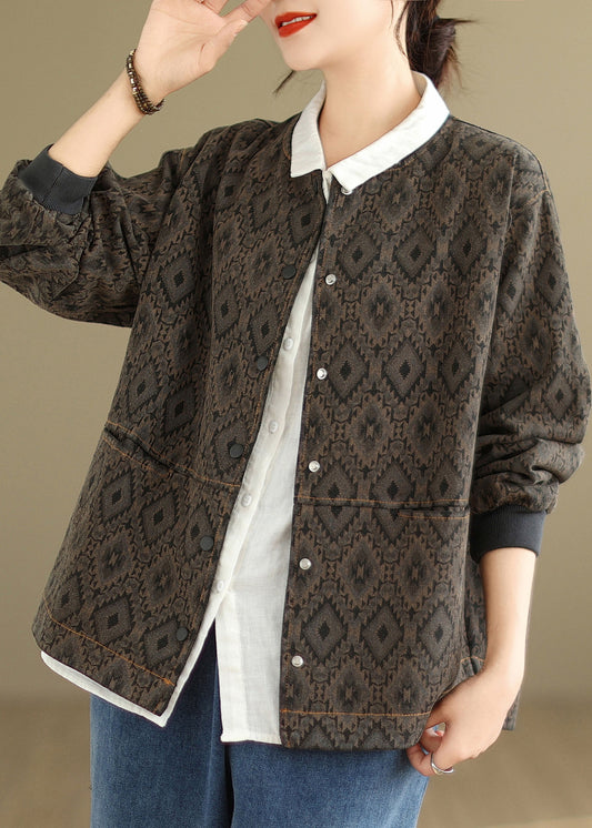 Coffee Pockets Print Denim Jackets O Neck Spring TJ002