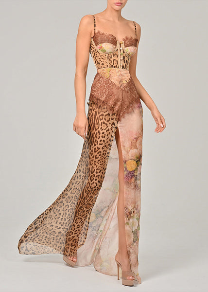 Spaghetti Coffee Open Lace Sleeveless Patchwork Chiffon Side FashionChic