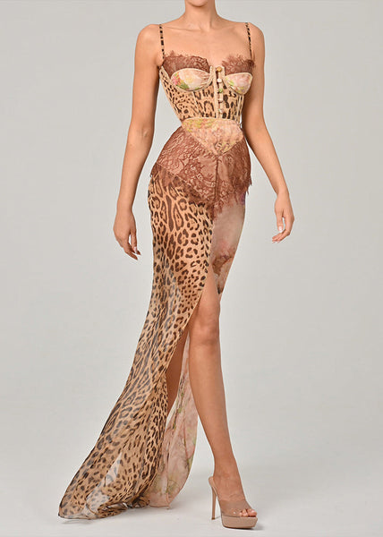 Spaghetti Coffee Open Lace Sleeveless Patchwork Chiffon Side FashionChic