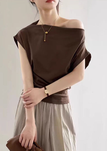 Coffee Solid Cold T Shirts Summer Shoulder Cotton FashionChic