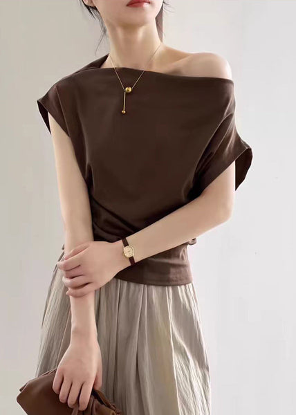 Coffee Solid Cold T Shirts Summer Shoulder Cotton FashionChic