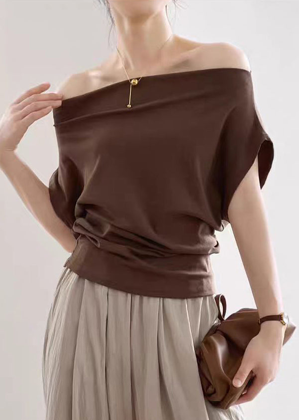 Coffee Solid Cold T Shirts Summer Shoulder Cotton FashionChic