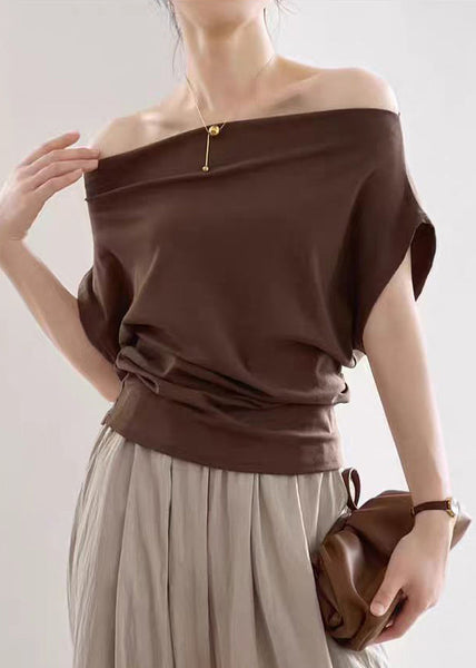Coffee Solid Cold T Shirts Summer Shoulder Cotton FashionChic