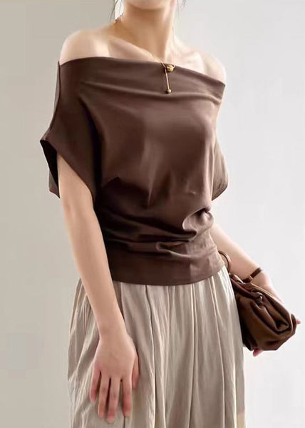 Coffee Solid Cold T Shirts Summer Shoulder Cotton FashionChic