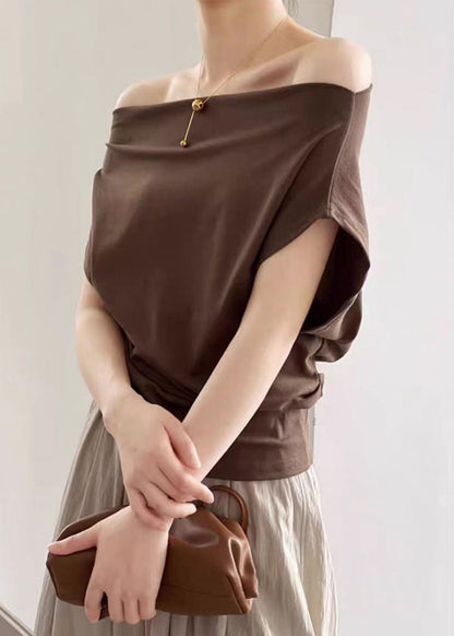 Coffee Solid Cold T Shirts Summer Shoulder Cotton FashionChic