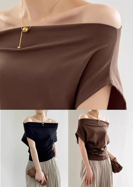 Coffee Solid Cold T Shirts Summer Shoulder Cotton FashionChic