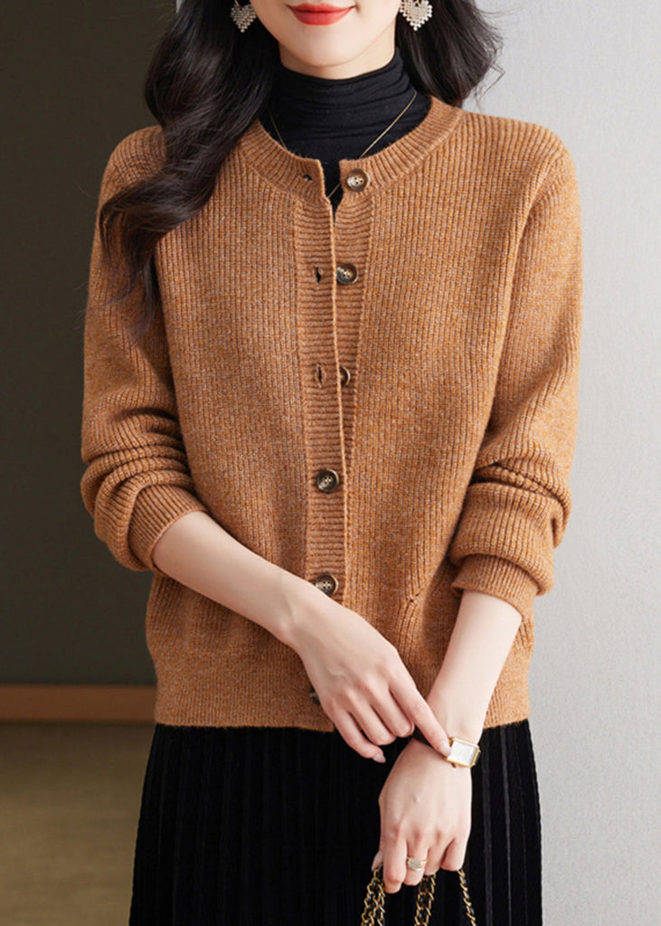 Coffee Solid Cozy Knit Fall Cardigans O Neck QS002 OM-BB241010