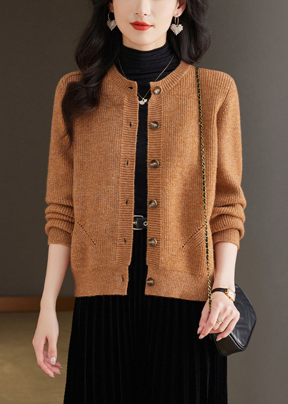 Coffee Solid Cozy Knit Fall Cardigans O Neck QS002 OM-BB241010