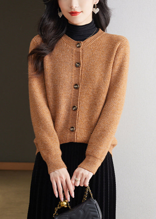 Coffee Solid Cozy Knit Fall Cardigans O Neck QS002 OM-BB241010