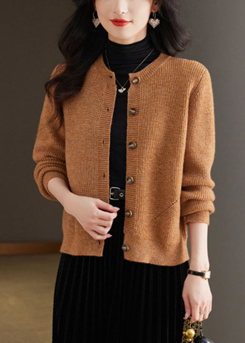 Coffee Solid Cozy Knit Fall Cardigans O Neck QS002 OM-BB241010