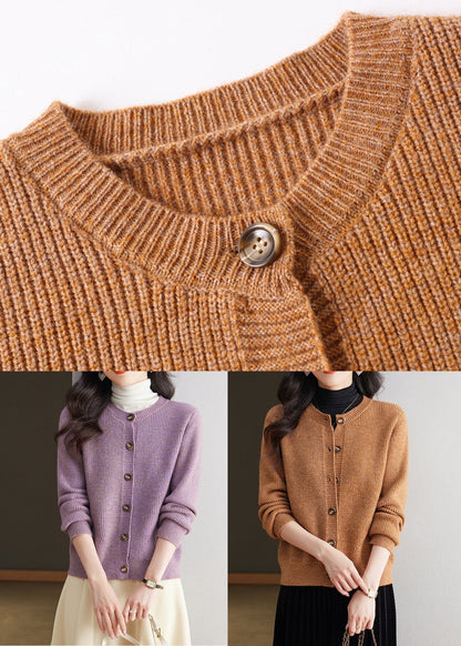Coffee Solid Cozy Knit Fall Cardigans O Neck QS002 OM-BB241010