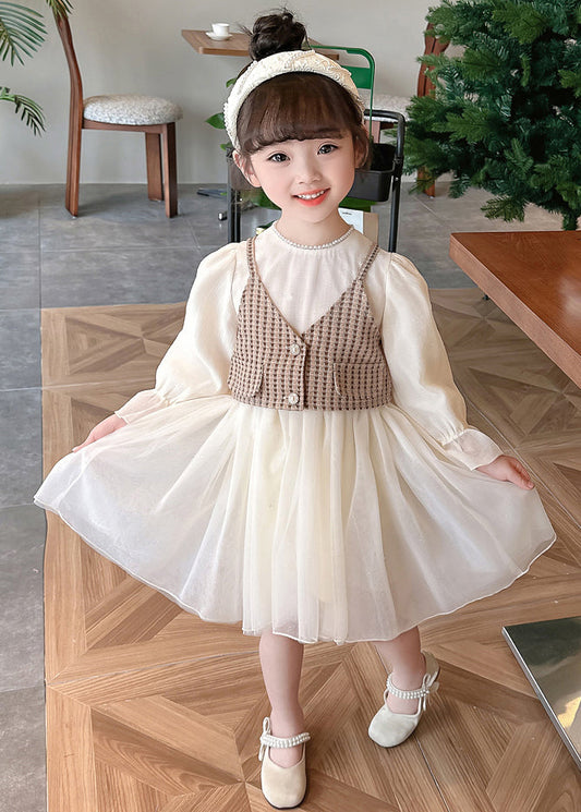 Coffee Wrinkled Tulle Girls Two Pieces Set O Neck Long Sleeve XZ076 FALL-MM-RCTZ-TPGIEC240618