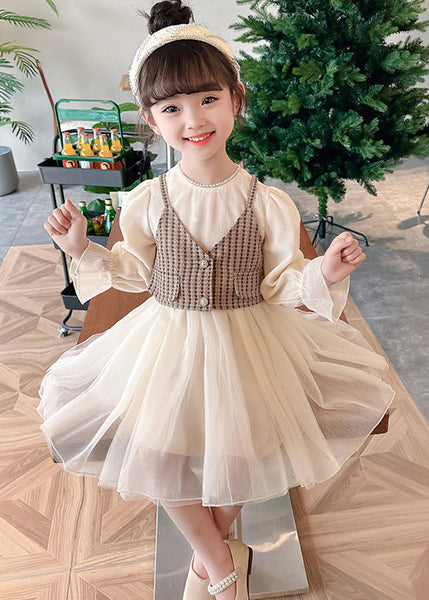Coffee Wrinkled Tulle Girls Two Pieces Set O Neck Long Sleeve XZ076 FALL-MM-RCTZ-TPGIEC240618