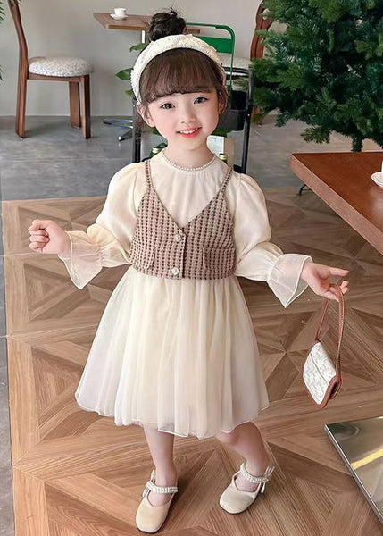 Coffee Wrinkled Tulle Girls Two Pieces Set O Neck Long Sleeve XZ076 FALL-MM-RCTZ-TPGIEC240618