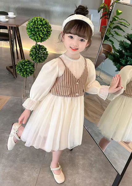 Coffee Wrinkled Tulle Girls Two Pieces Set O Neck Long Sleeve XZ076 FALL-MM-RCTZ-TPGIEC240618