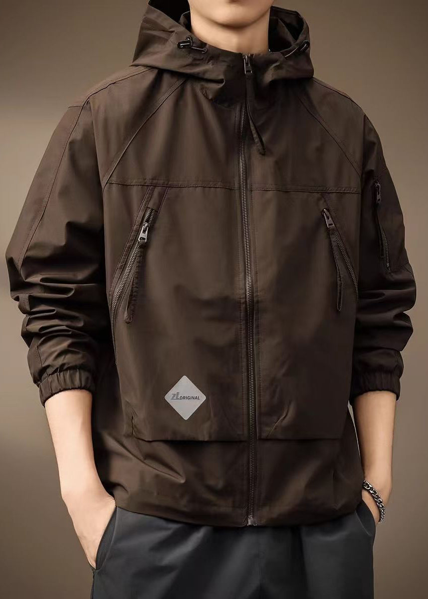 Spring Coffee Cotton Hooded Coats Drawstring Zippered Mens FashionChic