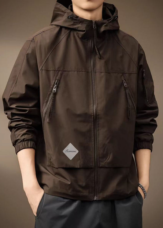 Spring Coffee Cotton Hooded Coats Drawstring Zippered Mens FashionChic