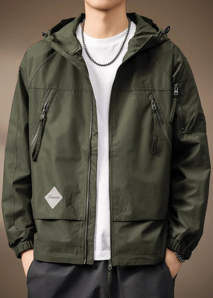 Spring Coffee Cotton Hooded Coats Drawstring Zippered Mens FashionChic