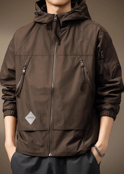 Spring Coffee Cotton Hooded Coats Drawstring Zippered Mens FashionChic