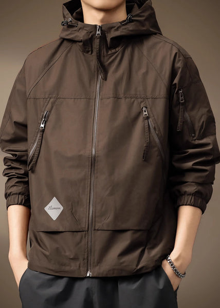 Spring Coffee Cotton Hooded Coats Drawstring Zippered Mens FashionChic