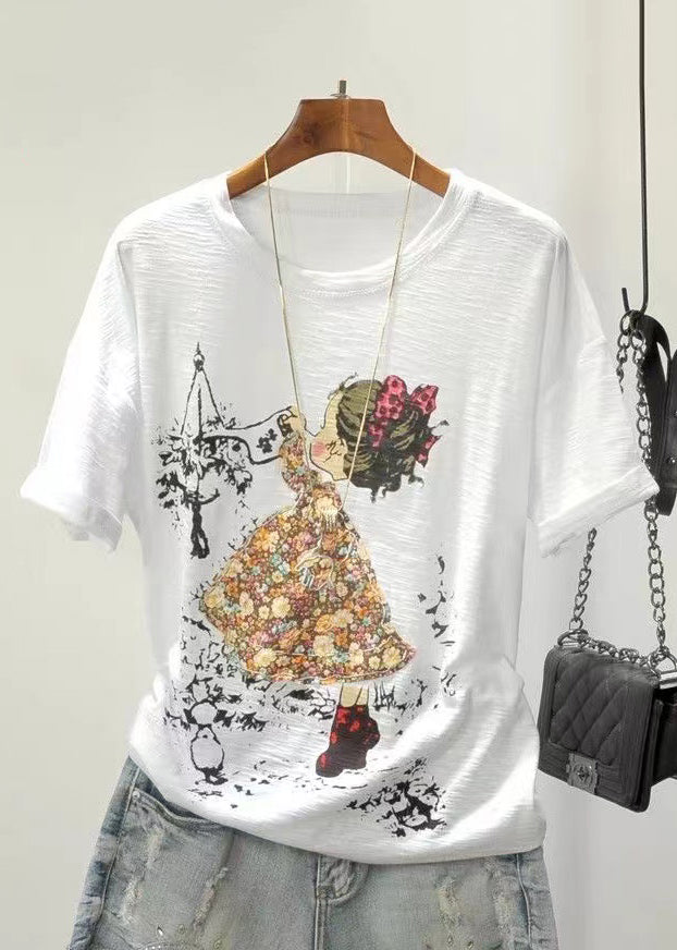 Colorblock Cartoon Print Cotton Top O Neck Short Sleeve GH1004 Ada Fashion