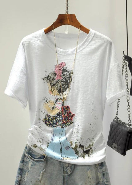 Colorblock Cartoon Print Cotton Top O Neck Short Sleeve GH1004 Ada Fashion