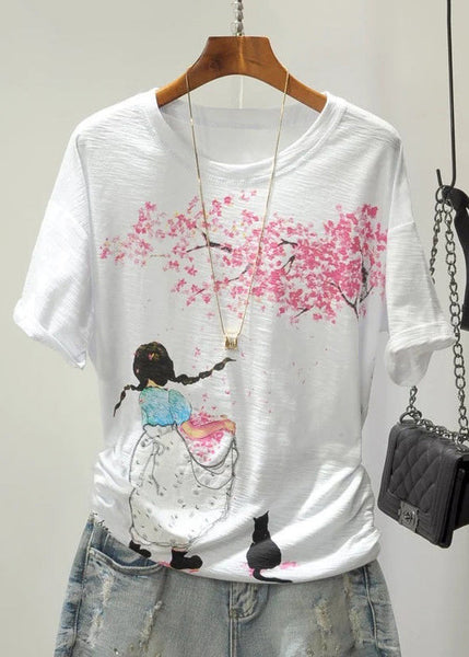 Colorblock Cartoon Print Cotton Top O Neck Short Sleeve GH1004 Ada Fashion