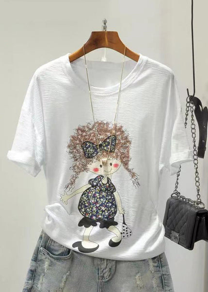 Colorblock Cartoon Print Cotton Top O Neck Short Sleeve GH1004 Ada Fashion