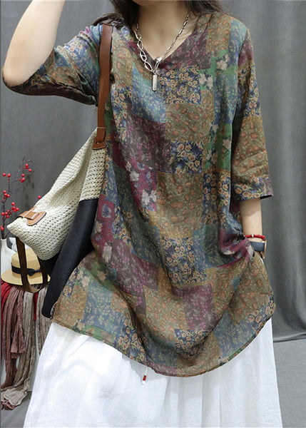 Colorblock Print Side Open Linen Blouse V Neck Summer GG037 MZF-HTP240610