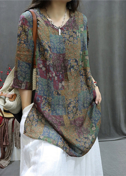 Colorblock Print Side Open Linen Blouse V Neck Summer GG037 MZF-HTP240610