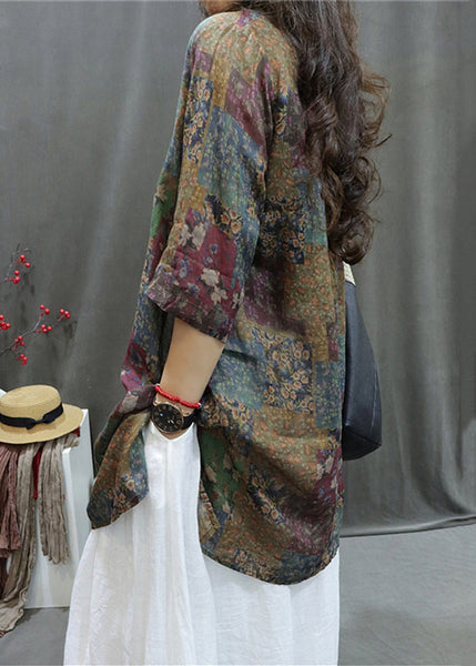 Colorblock Print Side Open Linen Blouse V Neck Summer GG037 MZF-HTP240610