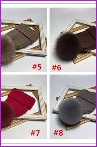 Colorful Knitting Hat With Fox Fur Pom F3949