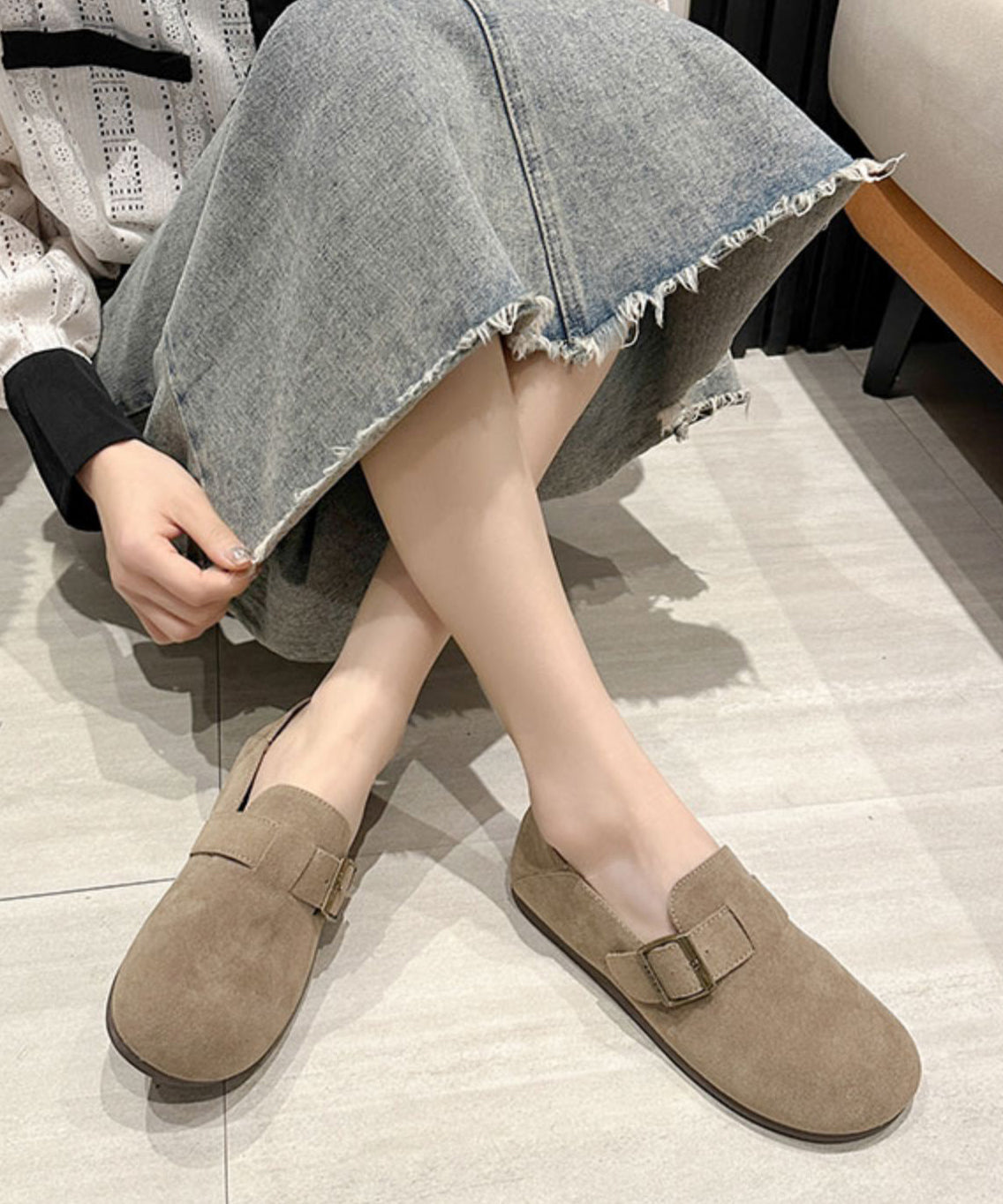 Comfortable Beige Suede Splicing Buckle Strap Flat Shoes JJ011 Shoe-PDX240609