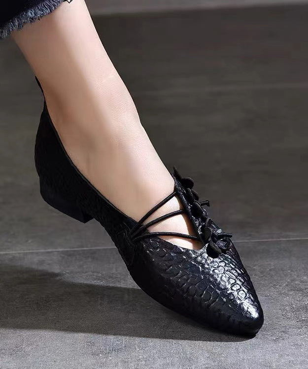 Comfortable Pointed Toe Floral Flats Shoes Black Sheepskin CZ1038 Ada Fashion