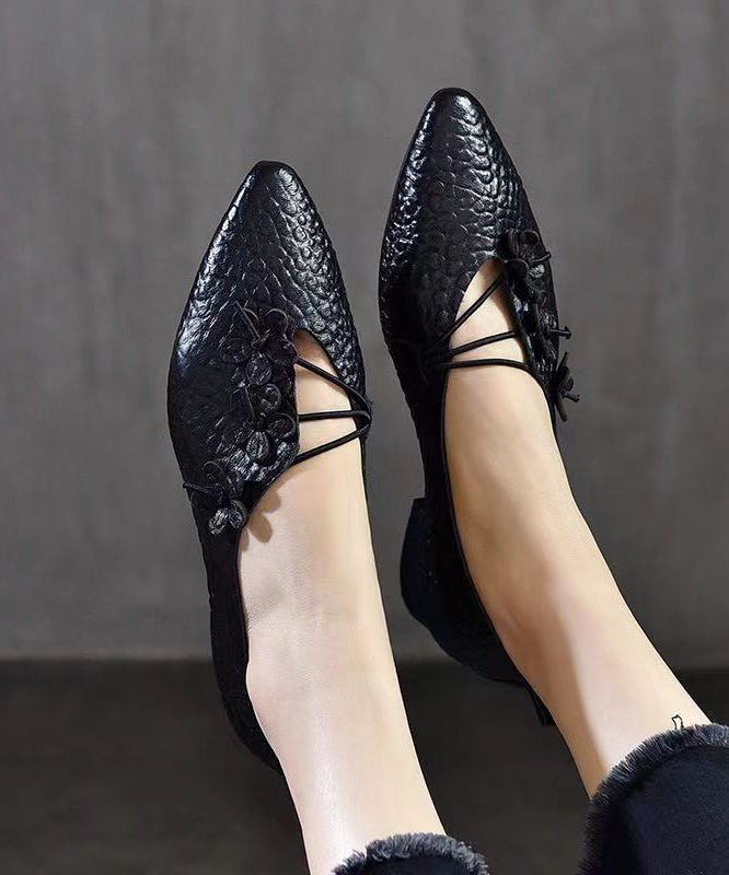 Comfortable Pointed Toe Floral Flats Shoes Black Sheepskin CZ1038 Ada Fashion