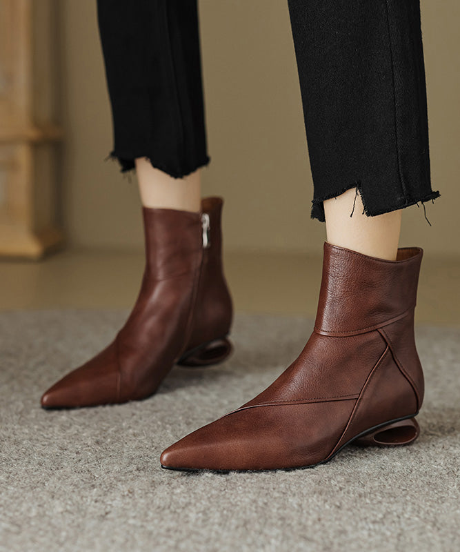 Comfortable Splicing Ankle Boots Brown Cowhide Leather Pointed Toe RD016 ABC