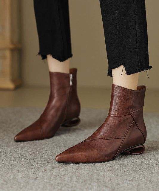 Comfortable Splicing Ankle Boots Brown Cowhide Leather Pointed Toe RD016 ABC