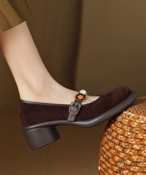 Strap Suede Buckle Chunky Heel Comfortable Brown Splicing FashionChic