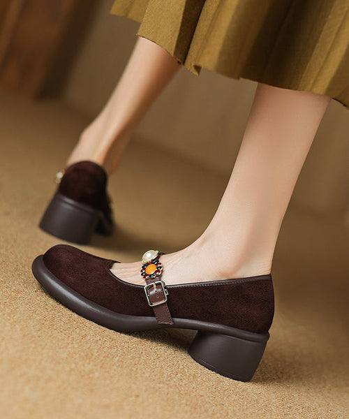 Strap Suede Buckle Chunky Heel Comfortable Brown Splicing FashionChic