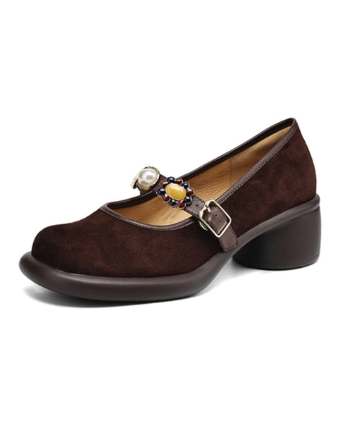 Strap Suede Buckle Chunky Heel Comfortable Brown Splicing FashionChic