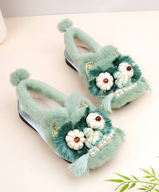 Comfortable Splicing Flat Shoes Green Cotton Fabric Fuzzy Wool Lined TQ040 ABC