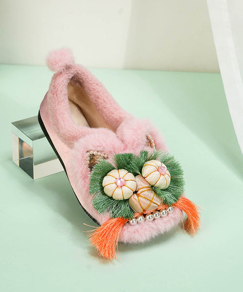 Comfortable Splicing Flat Shoes Green Cotton Fabric Fuzzy Wool Lined TQ040 ABC