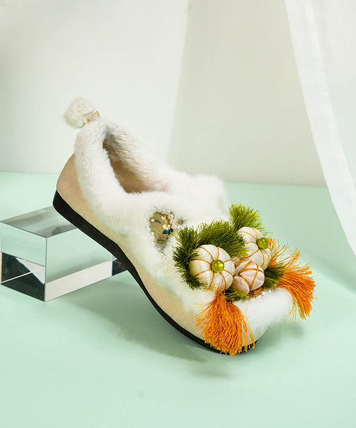 Comfortable Splicing Flat Shoes Green Cotton Fabric Fuzzy Wool Lined TQ040 ABC